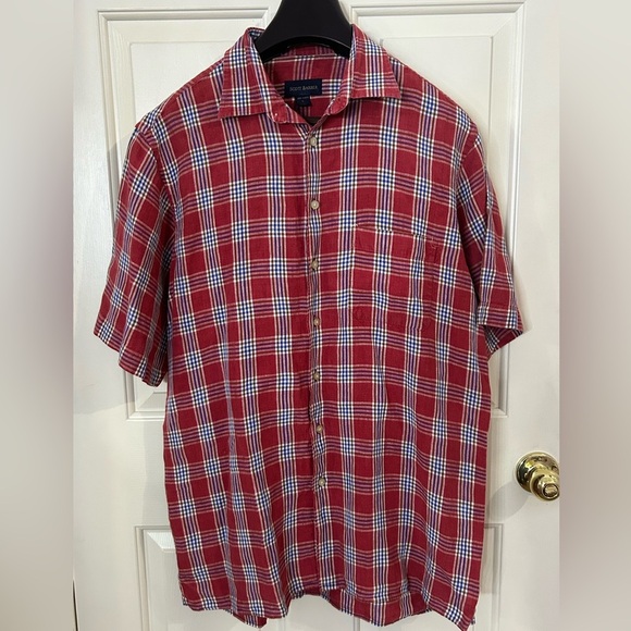 Scott Barber Men’s Large Red Plaid Linen Shirt - Picture 1 of 6